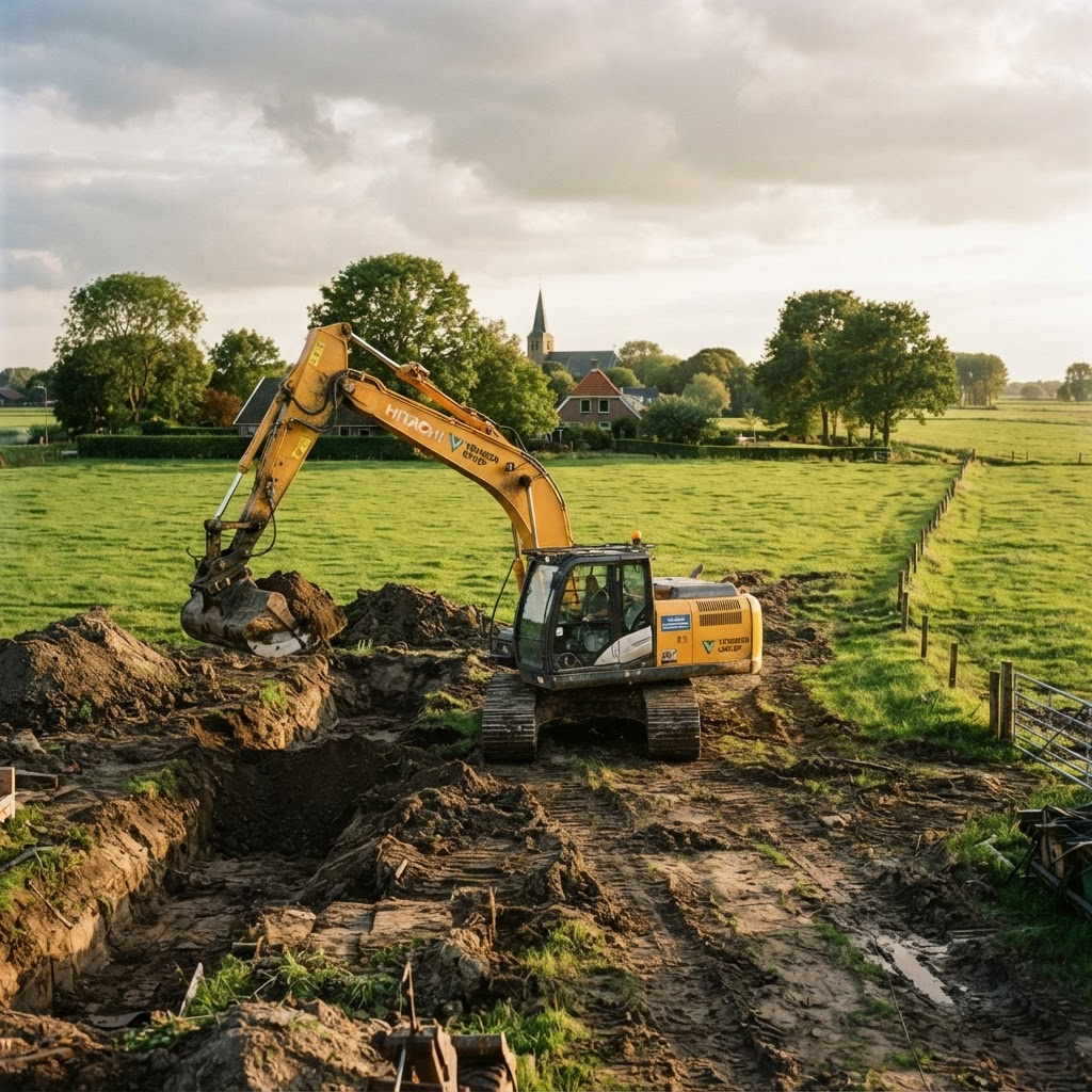 Graafmachine aan het werk in een groene omgeving in Reusel