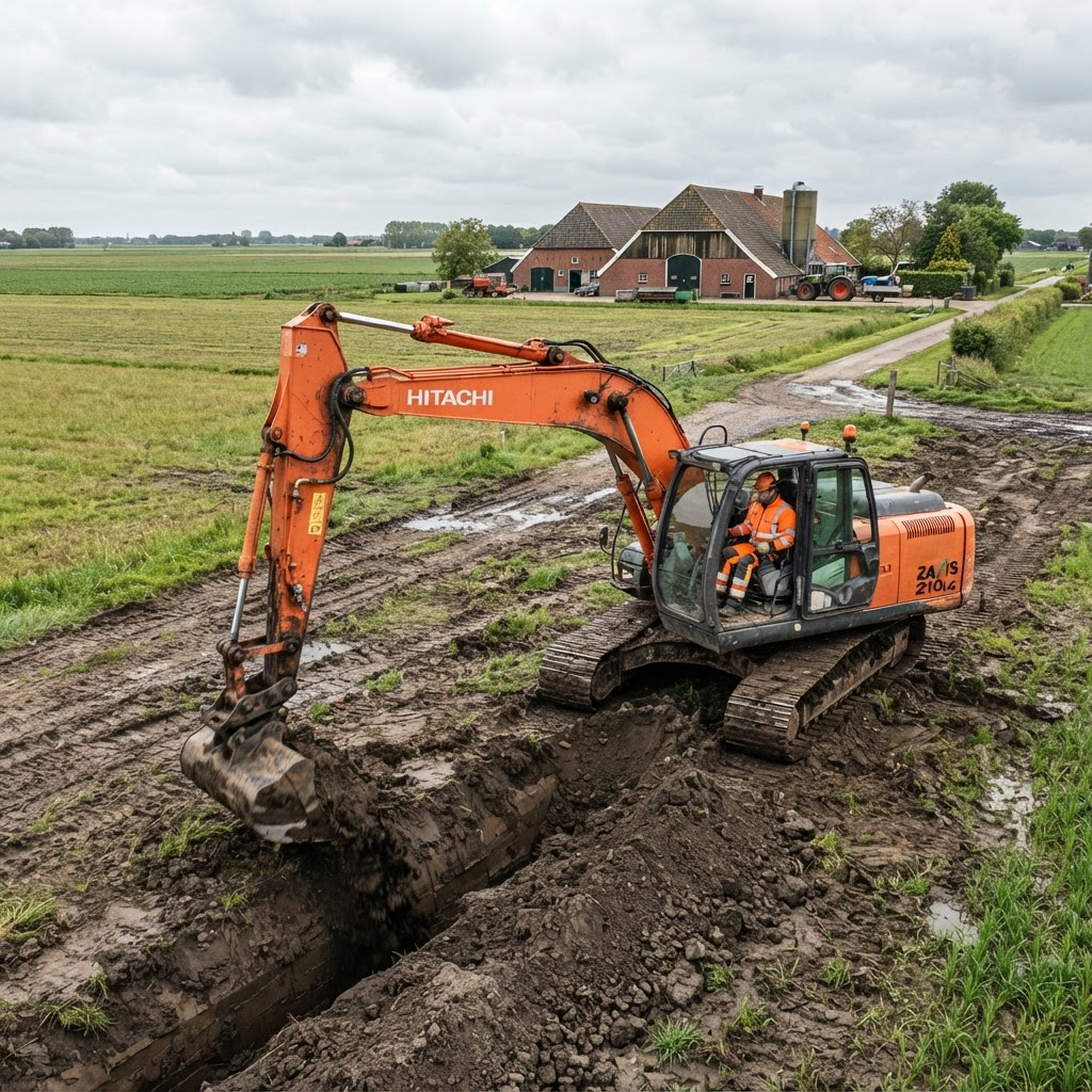 Graafmachine aan het werk op een agrarisch bedrijf
